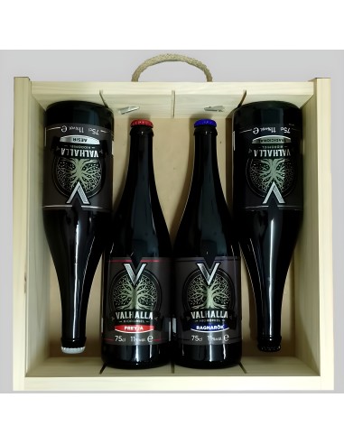 Valhalla - Estuche de madera con un surtido de botellas de 75cl. Abierto.